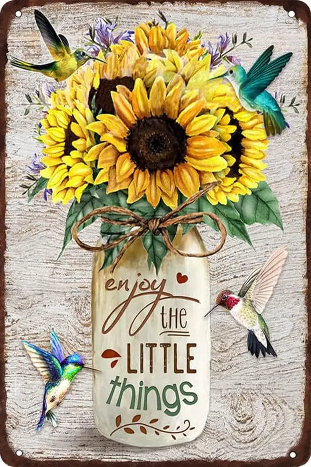 Enjoy the Little Things Sunflower Hummingbird Metal Tin Sign Vintage Poster Wall Art Garden Bar Home Kitchen Decor Plaque