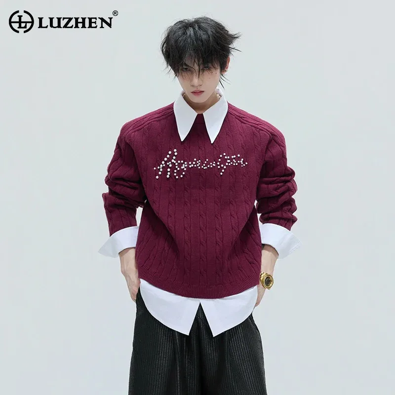 LUZHEN 2025 Autumn Winter New Fake Two Piece Design Knitted Pullover Men's Fashion High Quality Embroidery Pearl Sweater JY4822