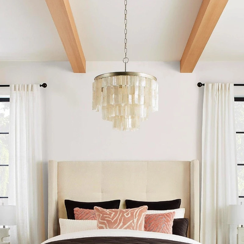 

French Handmade Silver Foil Iron Art Pendant Lights Rectangle Shell Hanging Lamp Living Room Bedroom Hotel Restaurant Chandelier