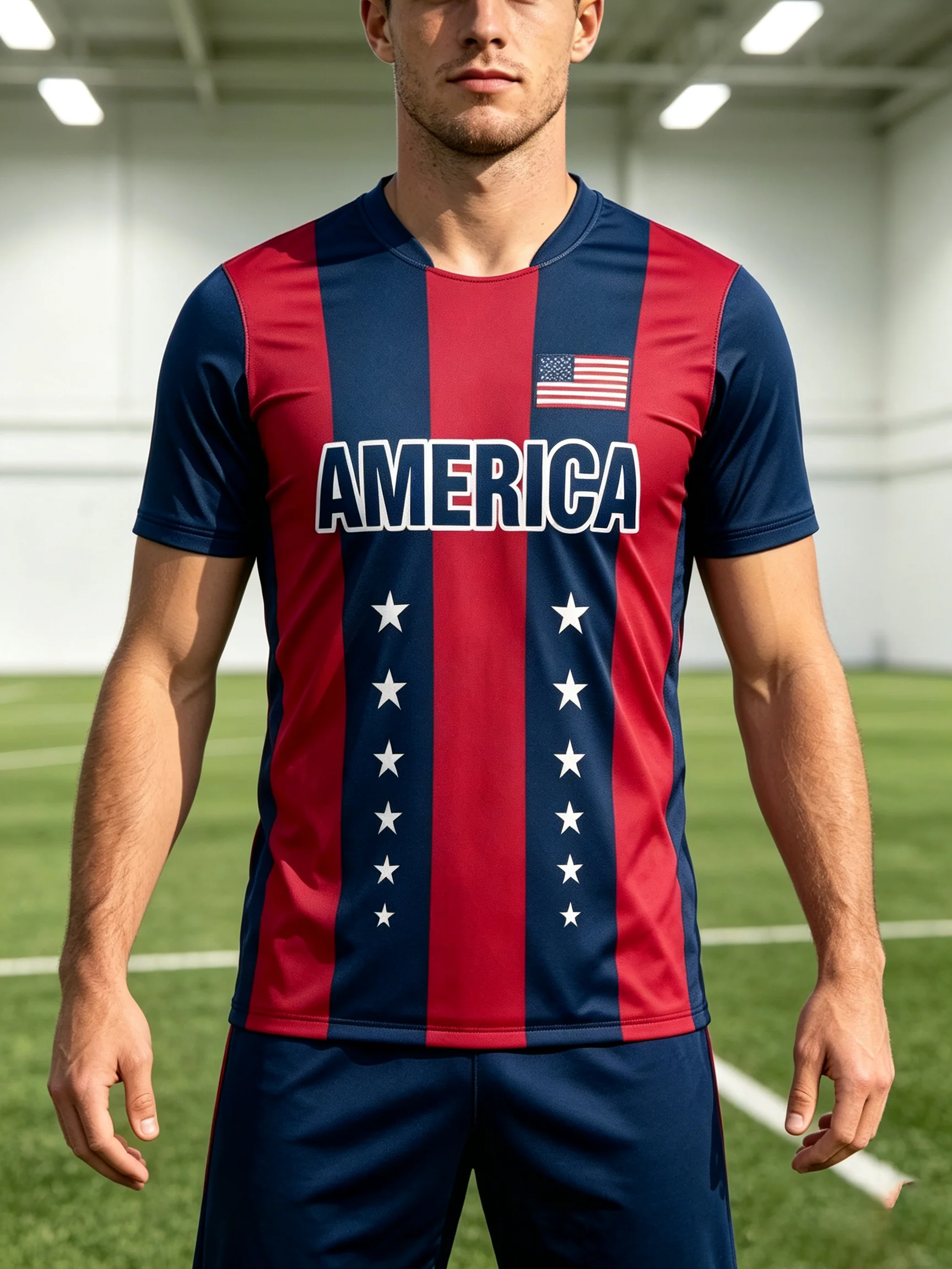 America men's soccer jersey, red‑navy stripe & star print, quick‑dry & breathable, athletic fit, multiple collar styles
