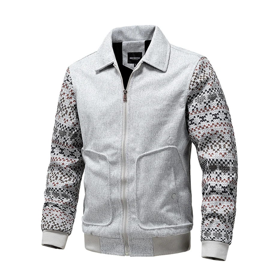 

Spring Autumn Fleece Jacket Men Fashion Casual Knitted Jacket Sleeve Patchwork Coat Male Turndown Collar Jackets