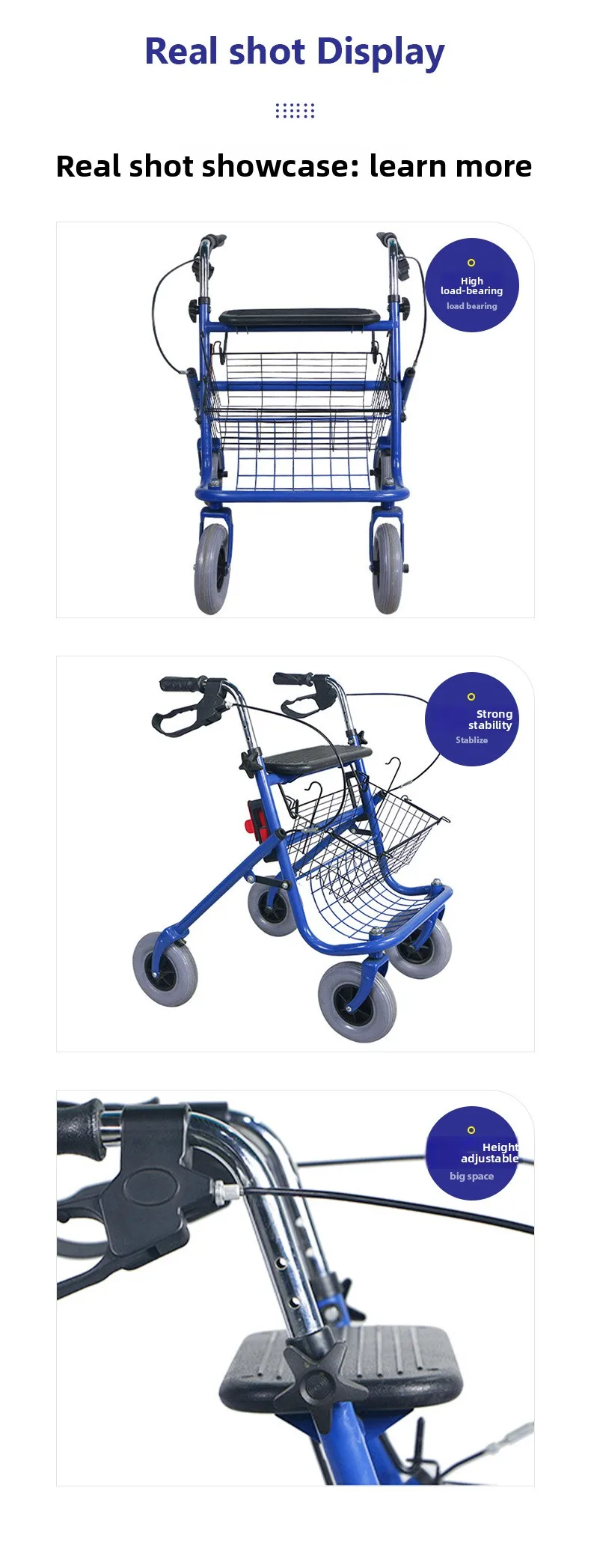 Steel Elderly Shopping Cart Walker Four Wheels with Handbrake Armrest Adjustable Height Hand Push Supermarket Runs