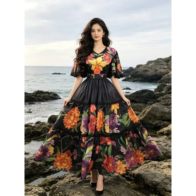 Miyake Pleated Printed Dresses Plisse 2026 Travel Outfit Printed V-neck Flared Pleats Long Dress Summer New Women's Fold Dress