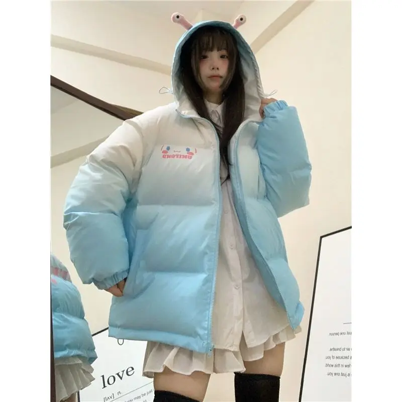 Anime Sanrioed Cinnamoroll Down Jacket Kawaii Cartoon Girls Student Winter Thickened Warm Coat Women Hooded Cotton Coat Trendy