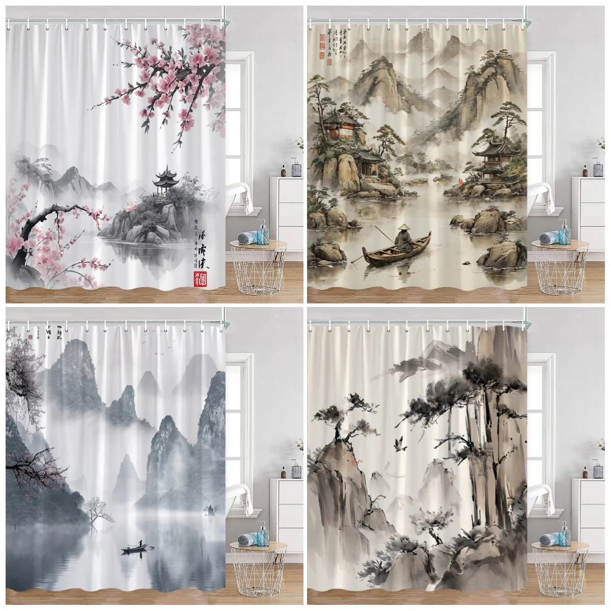 

Ink Painting Shower Curtains Mountains Red Sun Pines Chinese Style Painting Bathroom Decorations Classical Bathtub Curtain