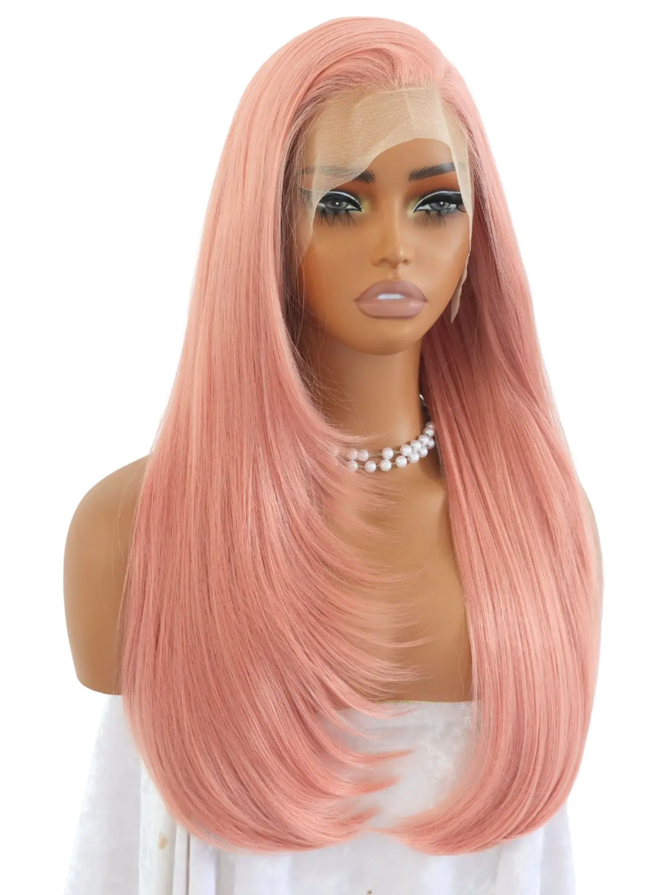 SALLYWELL Dusty Pink Layered Cut Straight Synthetic Fiber 13x4 Lace Pre Plucked Baby Hair Glueless Lace Front Wig 24 Inch
