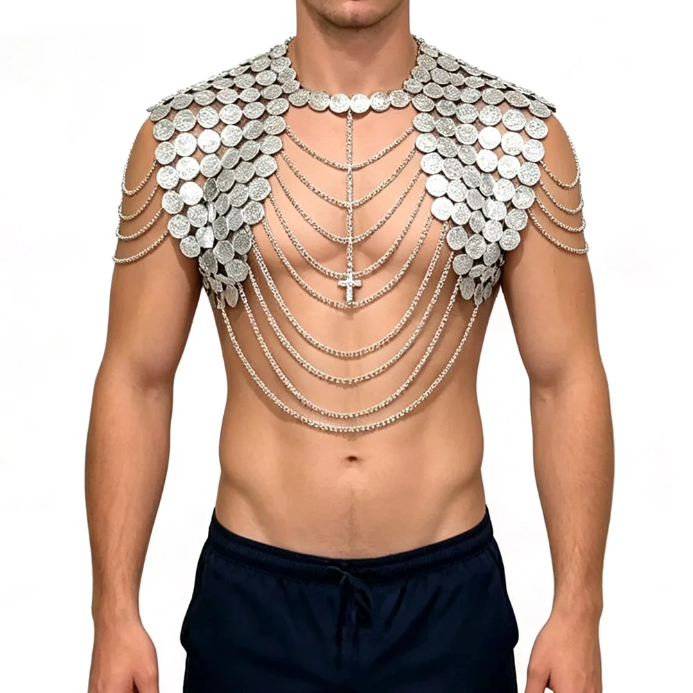Gothic Party Bar Rave Outfit Men Metallic PU Leather Disc Vest Sexy Shoulder Body Chain Shawl Chest Harness Stage Top Jewelry