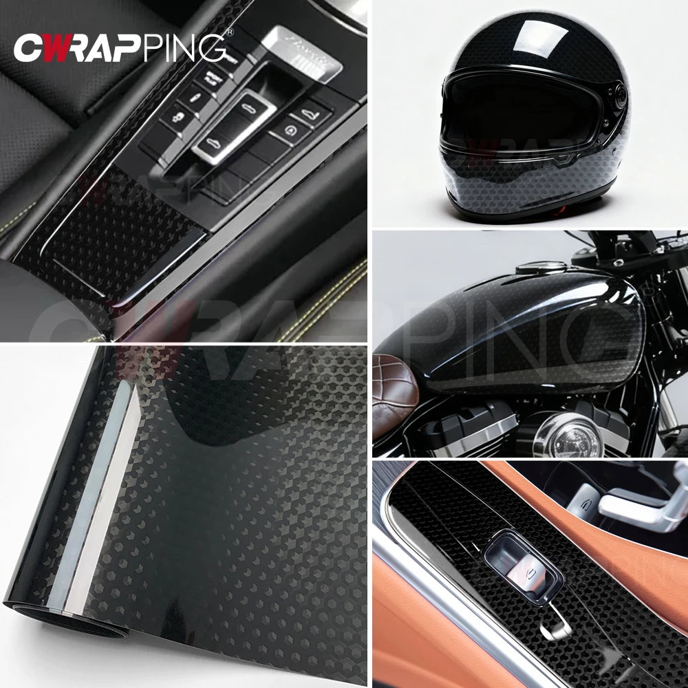 

Black Film Wrapping Tools Carbon Fiber Sticker for Car Adhesive Vinyl PET TPF Glossy Waterproof Hexagonal Bubble-free Wrap Foil