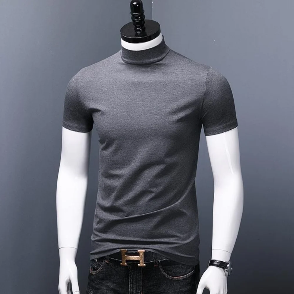 Normal high collar summer Stretch Korean Clothing Streetwear Oversized Turtlenecks T-Shirt Modal Short Sleeve Tank Top male
