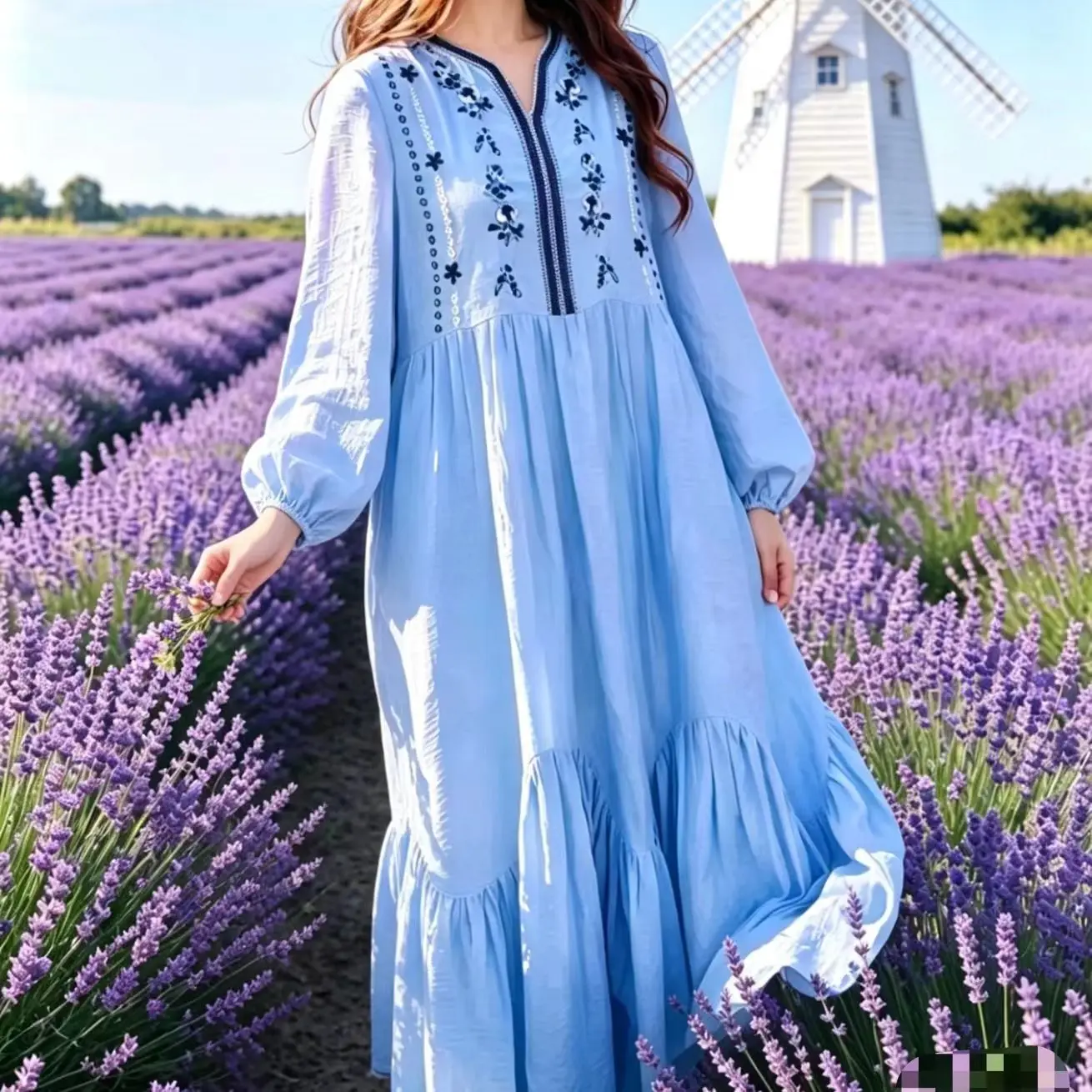 

Women's Spring Autumn Dress Bohemian Retro Ethnic Style Cotton Linen Blend Embroidered Long Sleeves Maxi Dress