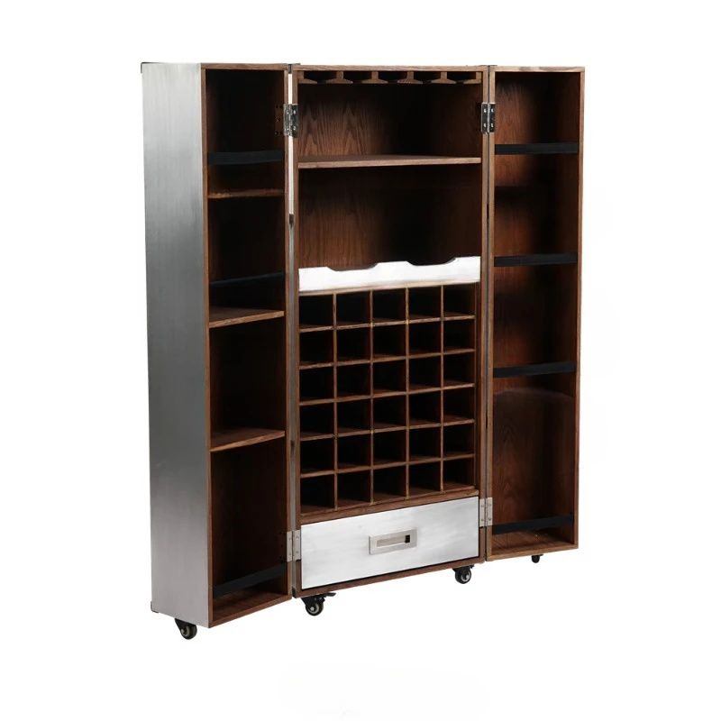 

Industrial retro vintage luxury bar furniture aluminum grain leather whisky wine cabinet