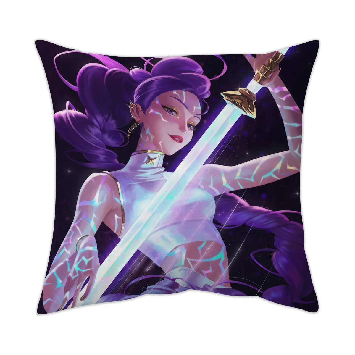 VIKAMA Sci-Fi Lightning Sword Maiden Pillowcase - Purple-Haired Lightning Tattoo Character, Unique Decor for Living Room Sofa