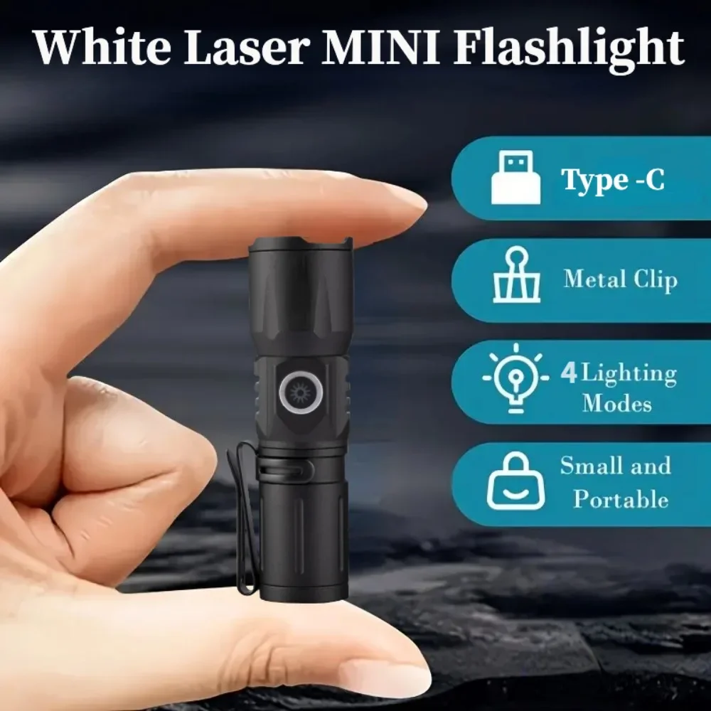 

High Quality White Laser LED Flashlight 18350 Zoom Torch Rechargeable USB Light Waterproof with CAP CLIP for Hiking Camping