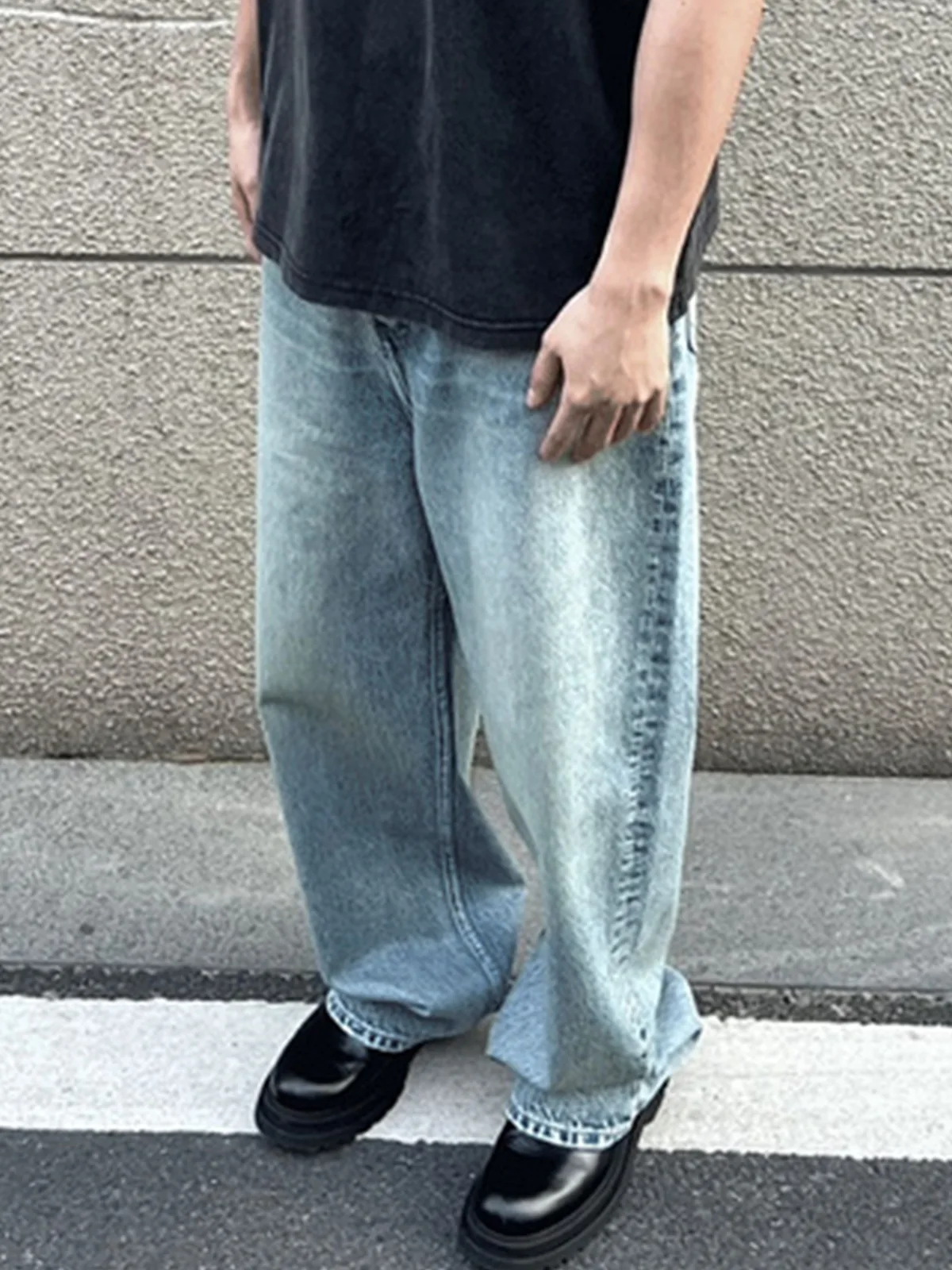 MIJKO Retro American Blue Washed Jeans Men's Casual Loose Straight Leg Wide Pants Long Trousers Hip Hop Style Loose Fit M-FJ013