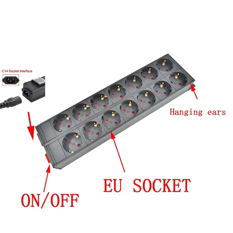 PDU Power Strip Distribution Unit Cabinet 4-24 Way AC German Socket Break Switch Aluminum alloy shell C14 port