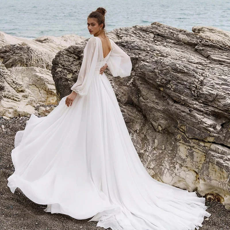 Gaun Pengantin Boho Pantai Gaun Pengantin V-Neck Lengan Puff 2023 Gaun Prom Malam Pernikahan Belahan Tinggi A-Line Ukuran Sesuai Pesanan