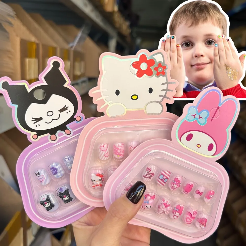 12pcs Pink Hello Kitty Kids Press On Nails Sanrio Melody Kuromi Pochacco Kawaii Gilrs False Nails Full Cover Manicure Decoration