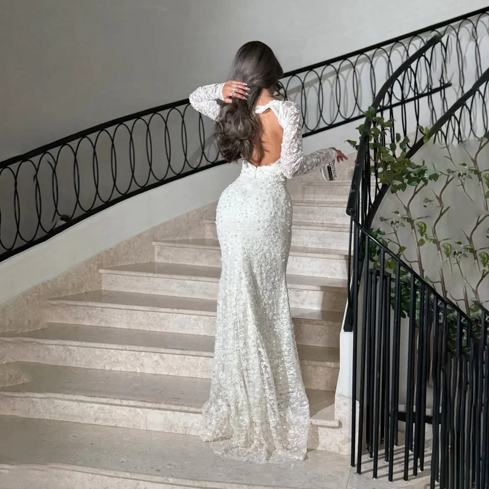 Elegant Party Dresses for Women Sweetheart Neck Long Sleeves Lace Applique Mermaid Evening Dress Opne Back Prom Gowns Customized