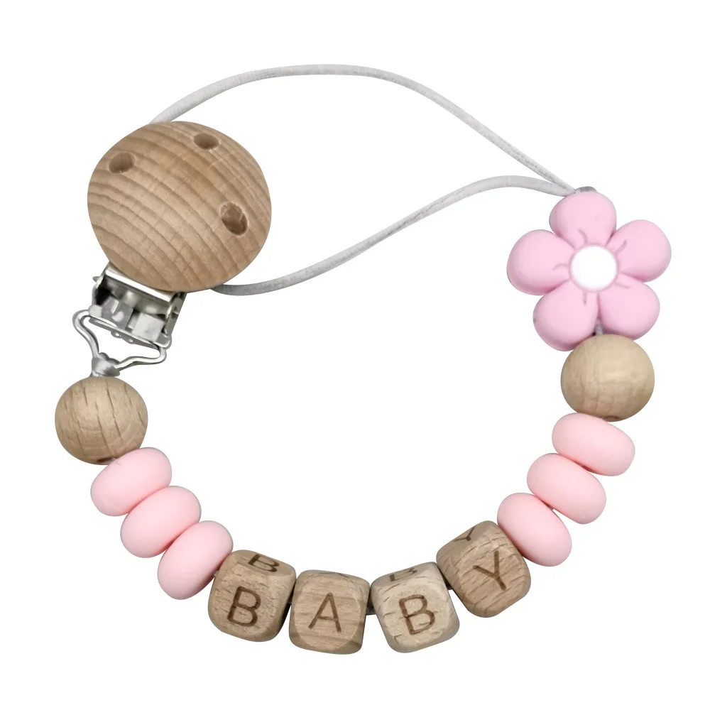 Gepersonaliseerde Baby Fopspeen Ketting Clip Aangepaste Naam Bloem Siliconen Kraal Dummy Tepel Houder Bewaker Bijtring Hanger Pasgeboren Spullen