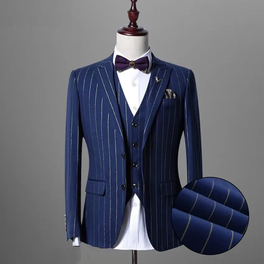 Auriparus flaviceps Gold Striped Man Suits 3 Pieces Groom Tuxedos Custom Made Man Suit Tailor Striped Suit Business affairs Suit