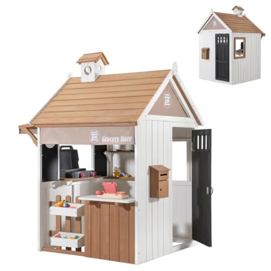 

Outdoor kids playhouse for ages 3-5: cedar wood, natural color, 2-in-1 grocery store BBQ grill station with cash register, mail
