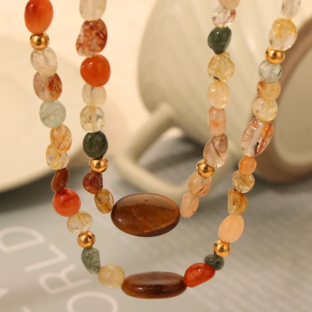 Nivora Natural Stone Beads Chain Necklace For Women Stainless Steel Tiger's Eye Stone Colorful Agate Women Neck Choker Jewelry