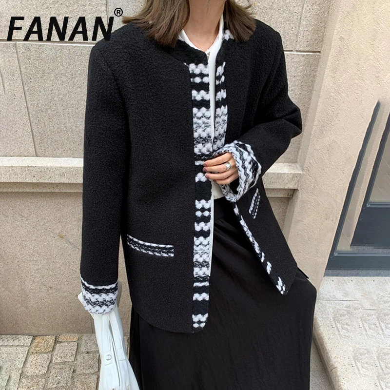 

FANAN контрастные цветные шерстяные пиджаки для женщин с круглым вырезом, однобортные, с длинными рукавами, толстые теплые куртки, женские пальто, новинка зимы