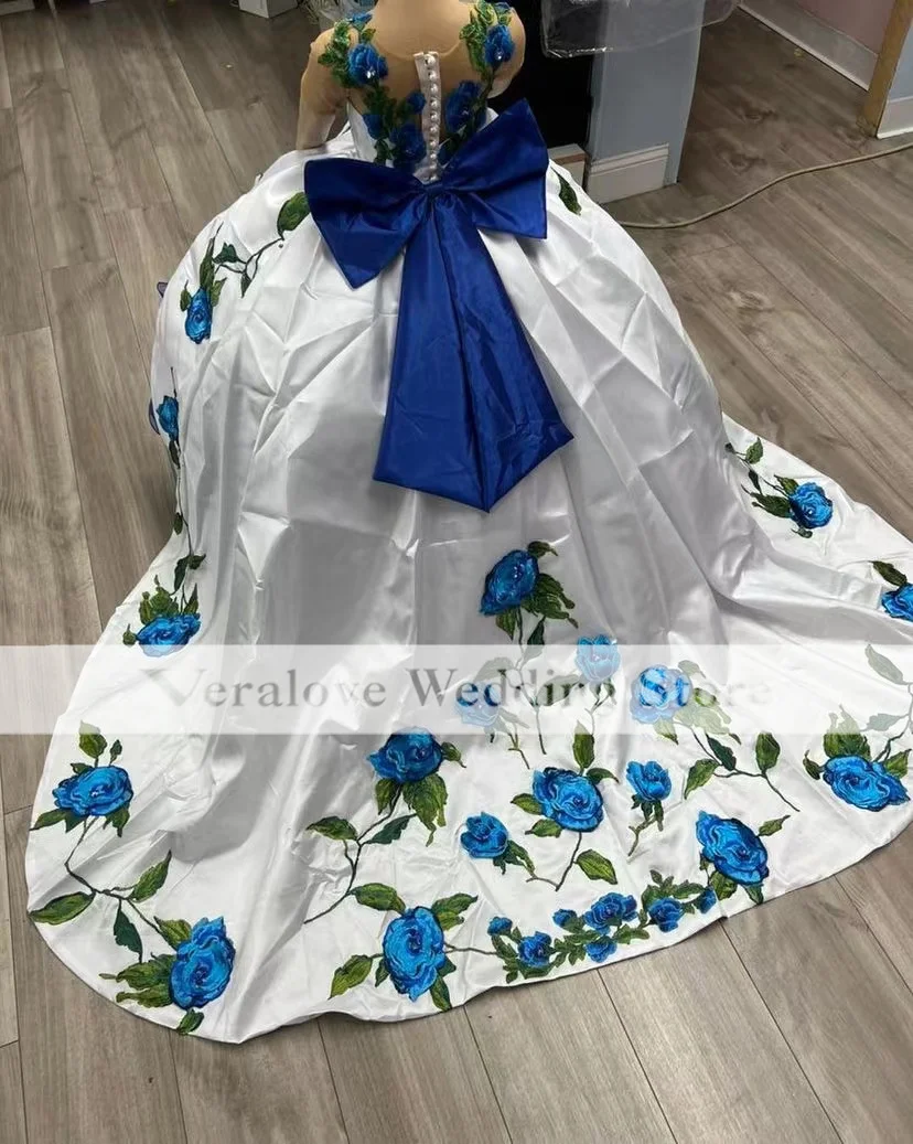 Blue Baby Ball Gown Embroidery Children Princess Dress Removable Train Mini Pageant Birthday Party Dress Girl Flower Gowns