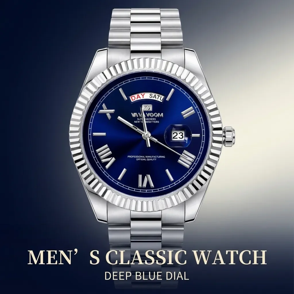 Men's trendy watches, three-dimensional Roman hour markers, week calendar timing, business and leisure watches