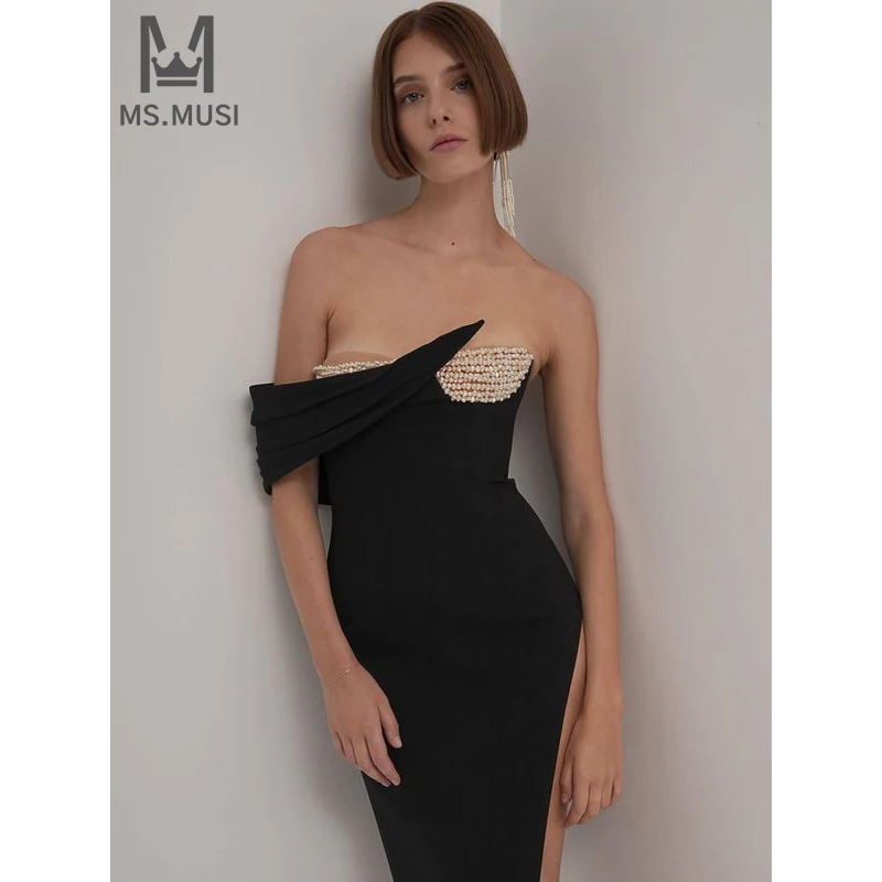 

MSMUSI 2024 New Fashion Women Sexy Strapless Off The Shoulder Pearl Beading Bandage Bodycon Party Club Event Midi Dress Vestidos