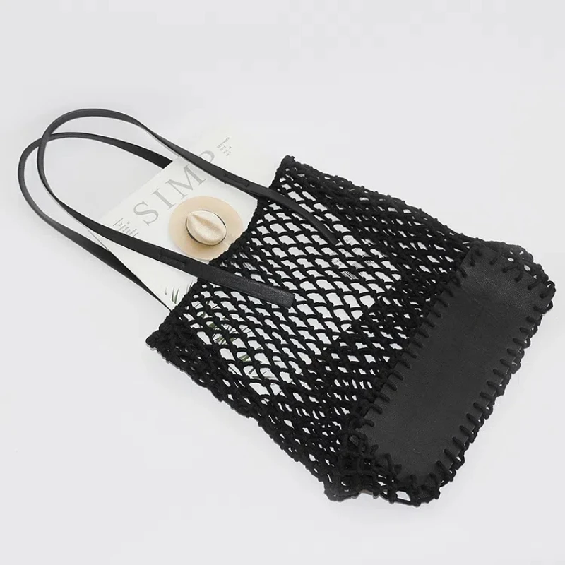 New Hollowed Out Rectangular Hand Woven Cotton Rope Bag, Hand Woven Woven Bag College Style Hand Woven Cotton Rope Net Beach Bag