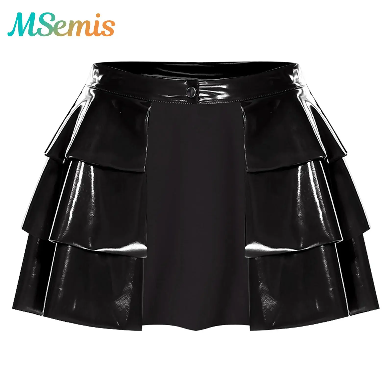 

Womens Glossy PU Leather Latex Skirt Sexy Rave Costume Front Open One-button Waist Tiered Ruffled Hem A-line Miniskirt Clubwear