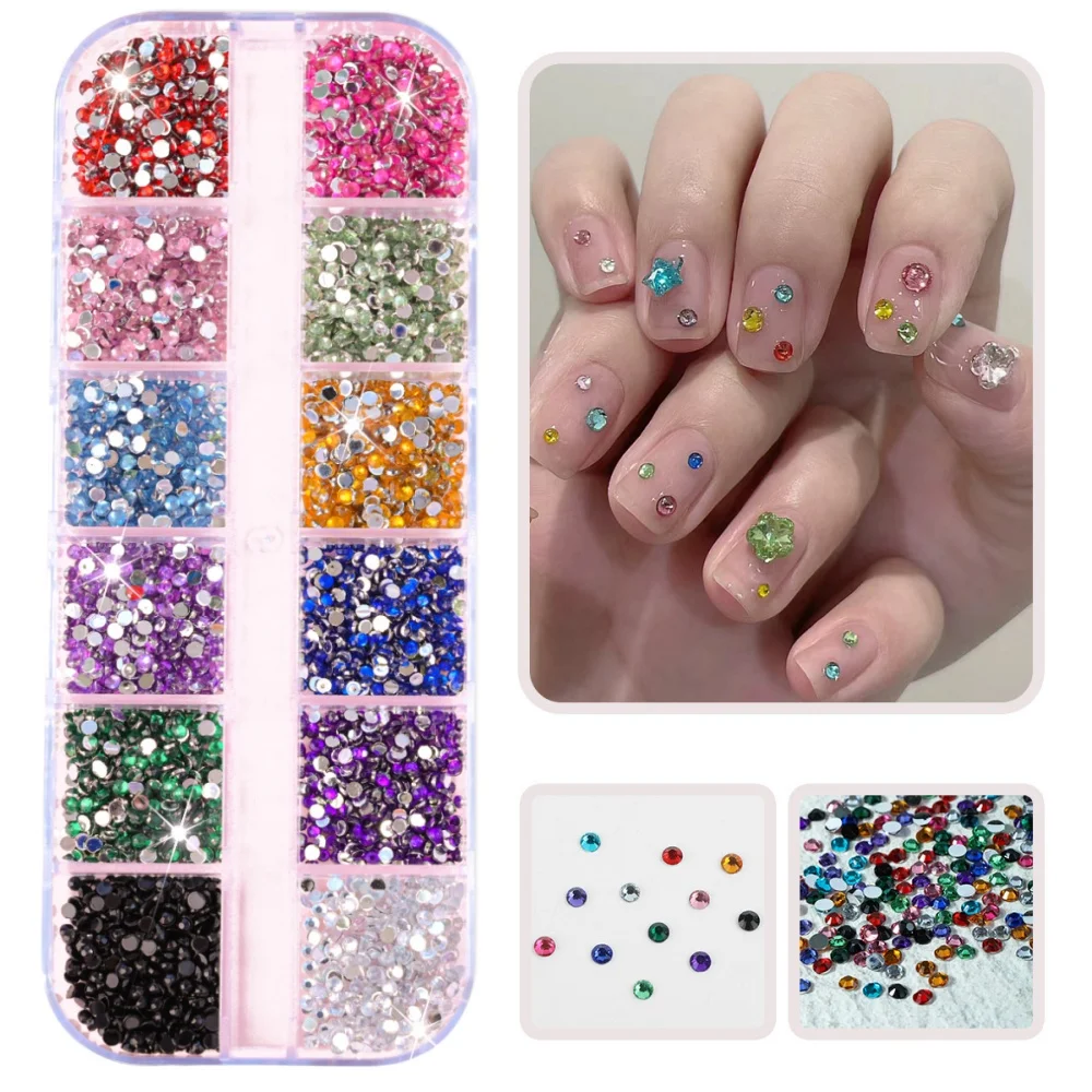 2mm Colorful Glitter Nail Rhinestones 12Grids Sparkly Mini Acrylic Flatback Crystal Diamonds Rainbow Glitter Nail Art Gems #Y2K