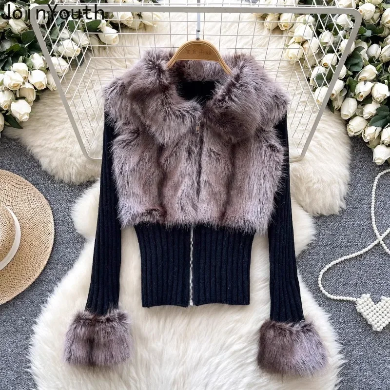 Patchwork Furry Cropped Cardigan Coat Women's Clothing Zipper Slim Fit Sueter Mujre Y2k Tops Fashion Casual Knitting Sweater