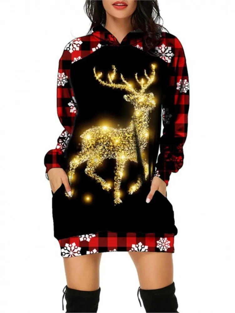 

Christmas Snowflakes Reindeer Head Print Hoodie Dresses Autumn Winter Women's Loose Mini Dress Vestidos Merry Christmas Hoodie