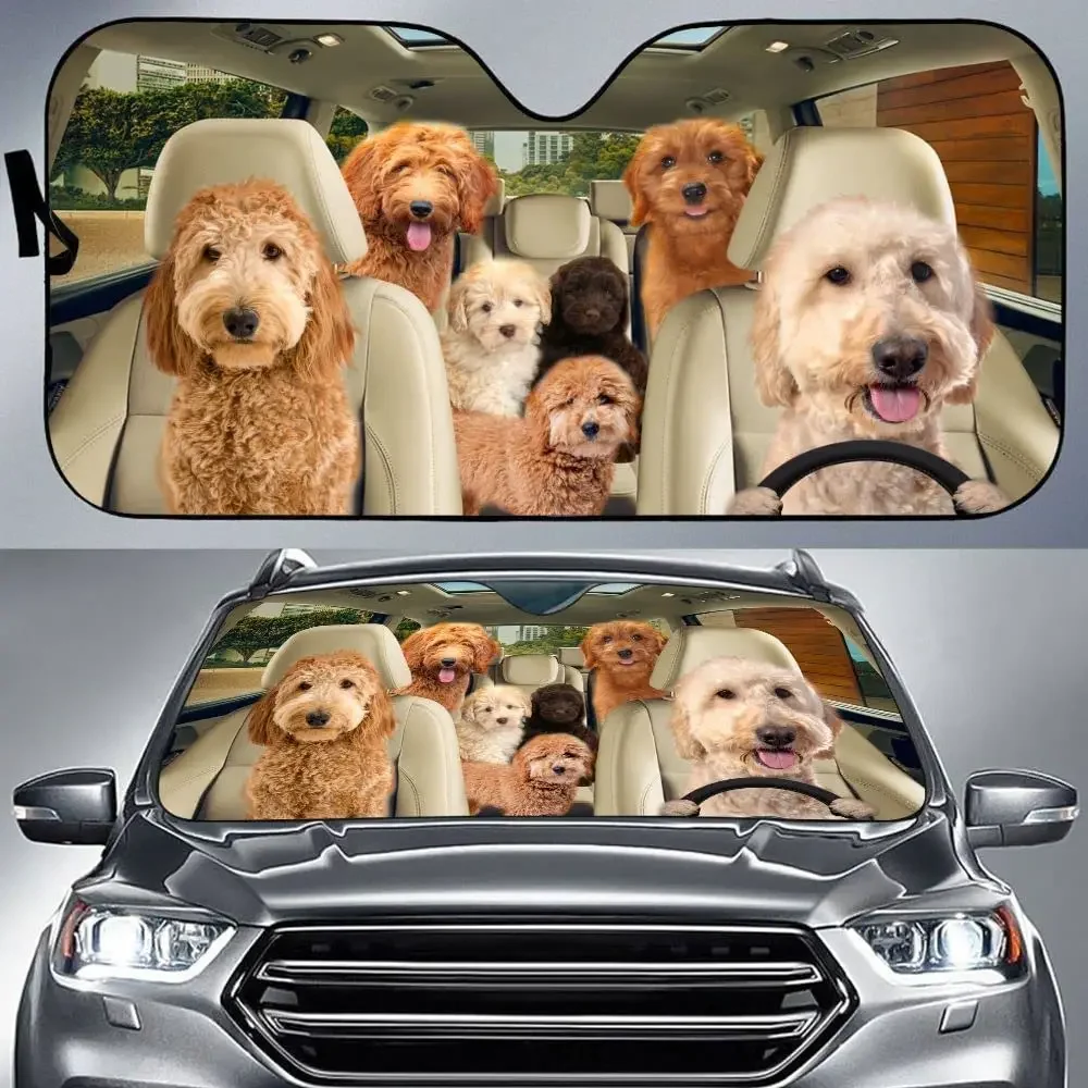 Goldendoodle Family Car Sunshade, Goldendoodle Family Driving On Trip Car Auto Sunshade for Windshield, Car Accessories for Gold