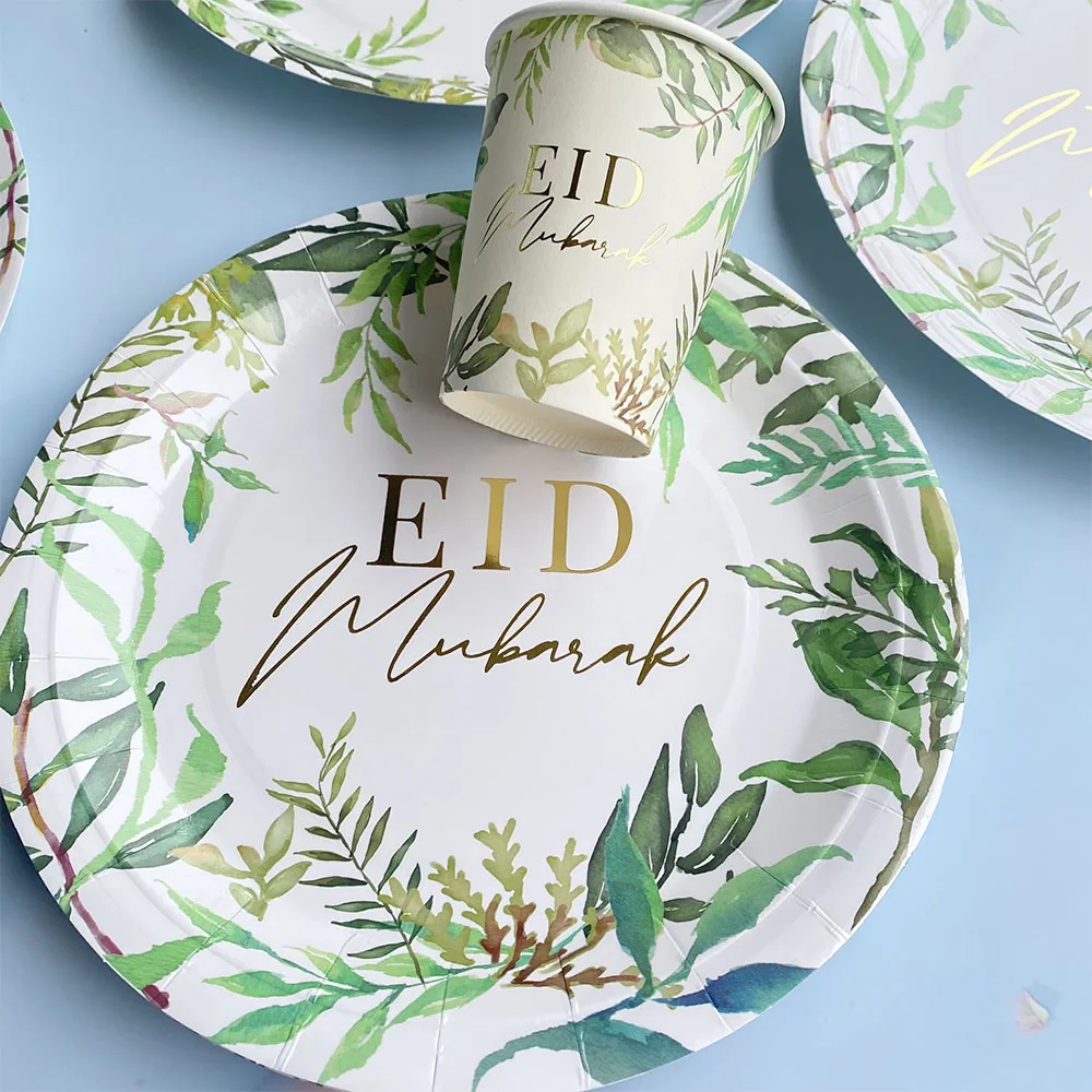 EID Mubarak Decor Paper Plates Cups Banner With Balloons EID Party Supplies Happy Ramadan Home Eid Party Decorations