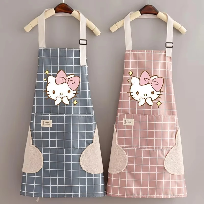 Conjunto de manga delantal Kawaii de Hello Kitty, impermeable, a prueba de aceite, artículo de cocina para el hogar, ropa con estampado de dibujos animados de Anime, regalo para mamá y niña