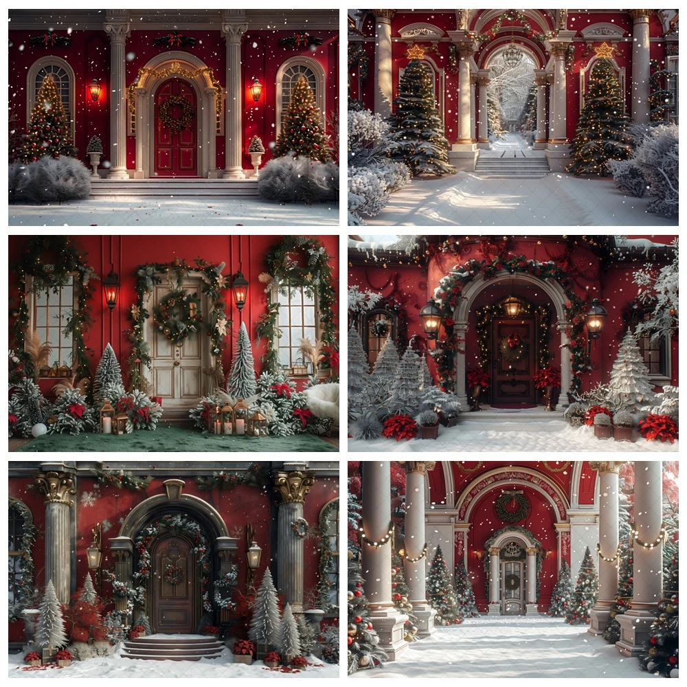 

Christmas European style background wall red door photography background Christmas tree wreath family children decoration banner