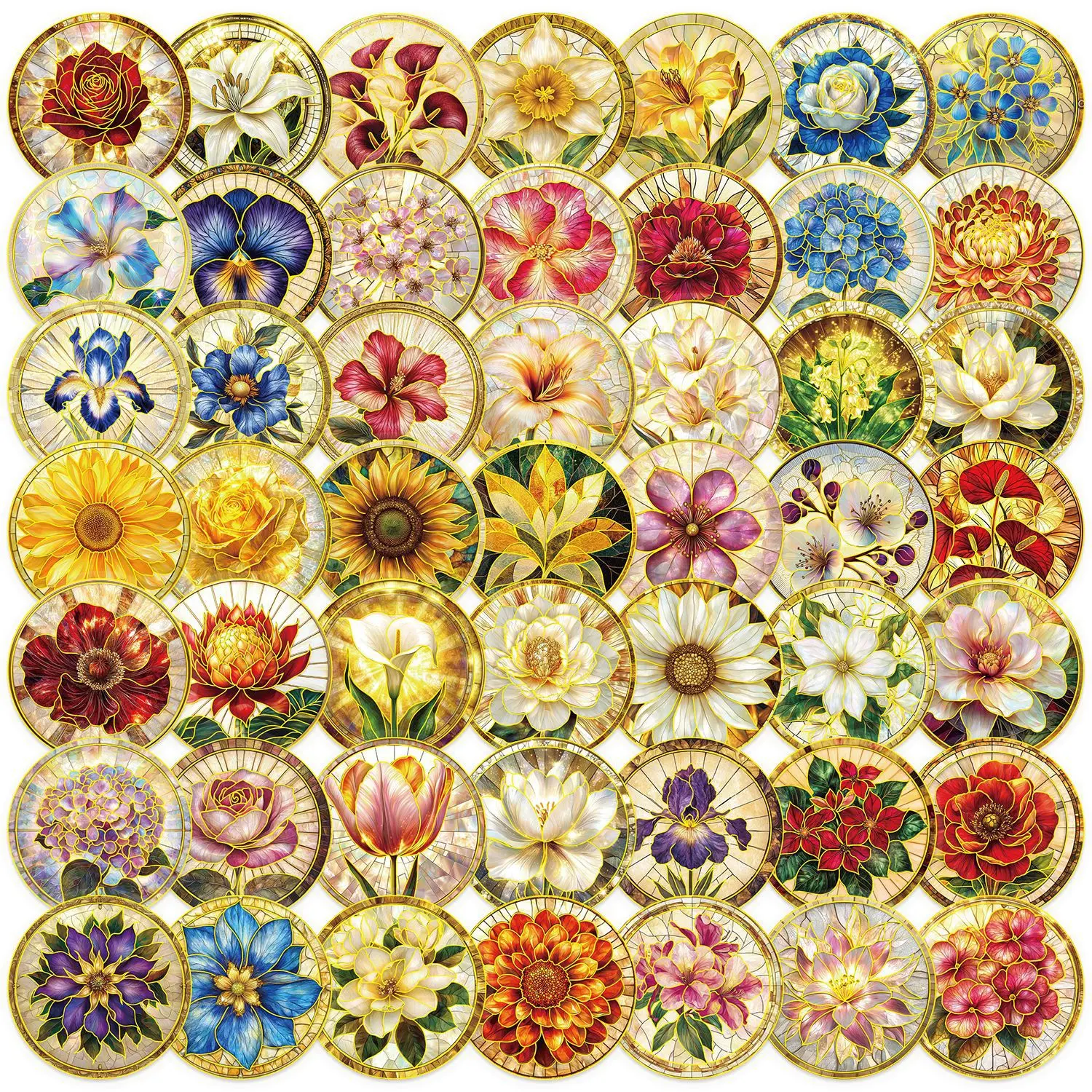 50PCS Cartoon Retro Round Flower Sticker Pack Waterproof Transparent PET Pattern Notebook Stationery Golden Foil Stickers