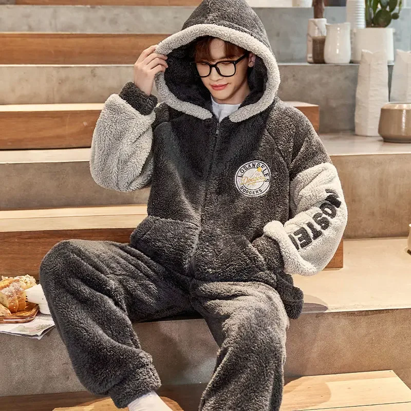 2023 New Young Students Homewear Suit Men Pajamas Coral Velvet Thickened Velvet Loungewear Loose Zipper Autumn Winter Sleepwear