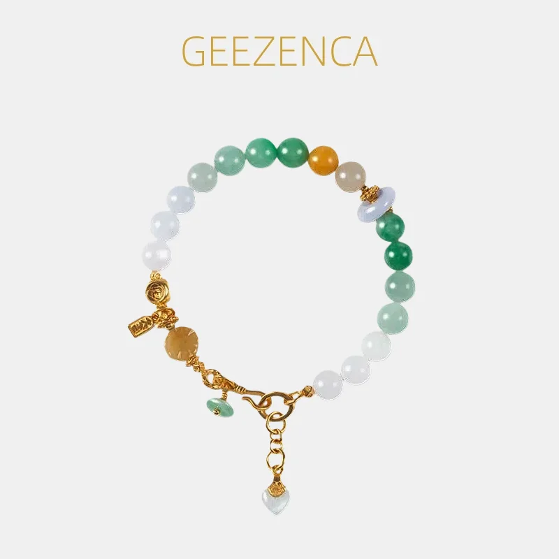 GEEZENCA Natural Jadeite Bead Strand Bracelet For Women 925 Silver Gold Plated Heart Charm Luxury Vintage Stack Bracelets Gift
