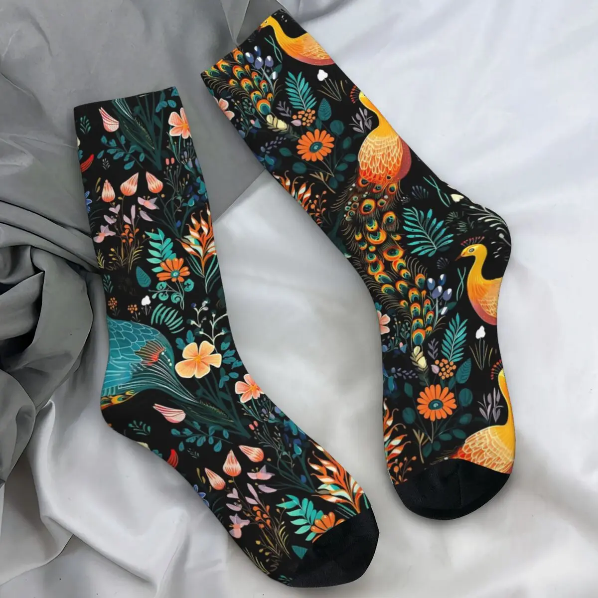 بوهو الطاووس الجوارب زهرة طباعة جوارب Kawaii الخريف عدم الانزلاق الرجال الجوارب تنفس نمط الجوارب في الهواء الطلق