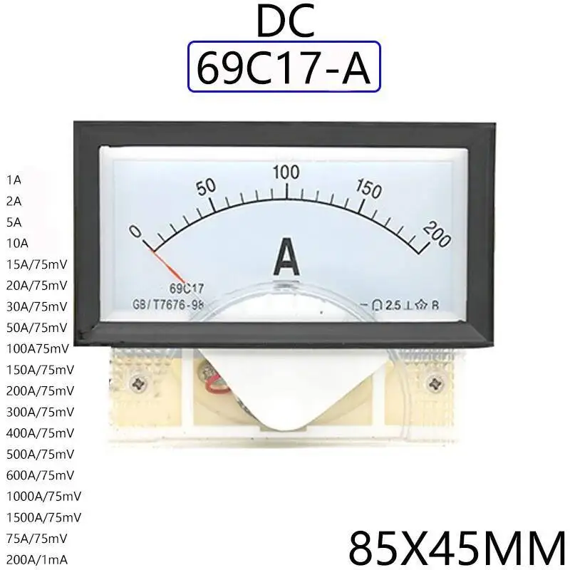 Medidor analógico do ampère do painel, uso do amperímetro da CC com medidor atual do desvio, 69C17-A, 50A, 100A, 500A, 1000A, 75mV, 85x46mm, 1Pc