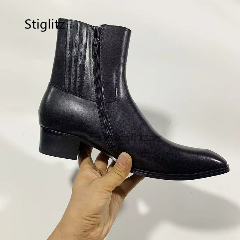 

Мужские ботинки челси на среднем каблуке, ботильоны из натуральной кожи с острым носком и боковой молнией, мужская деловая обувь ручной работы в британском стиле