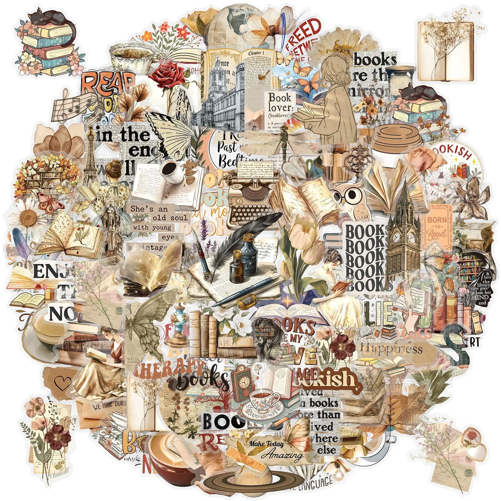 50/100-Pack Vintage Artistic Reading Transparent PET Stickers Guitar Fridge Skateboard Notebook Waterproof Decor Decals