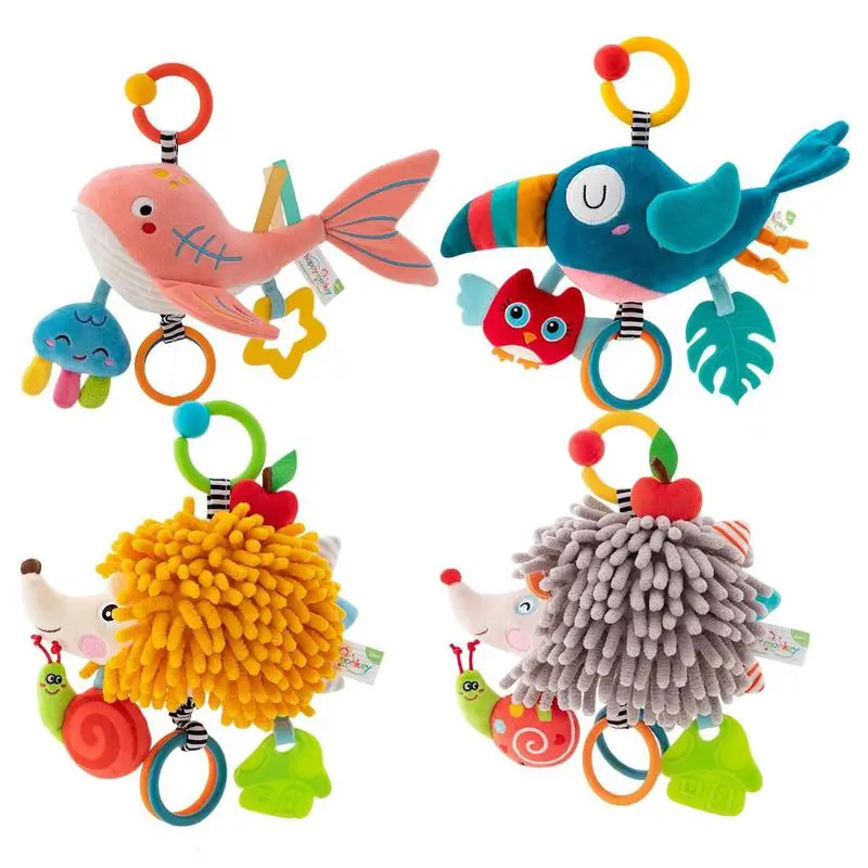 Pull String Musical Animal Teether Toy Comfort Stuffed Animal Rattle Hanging Bed Bell Newborn Teether Sensory Toy For Kids