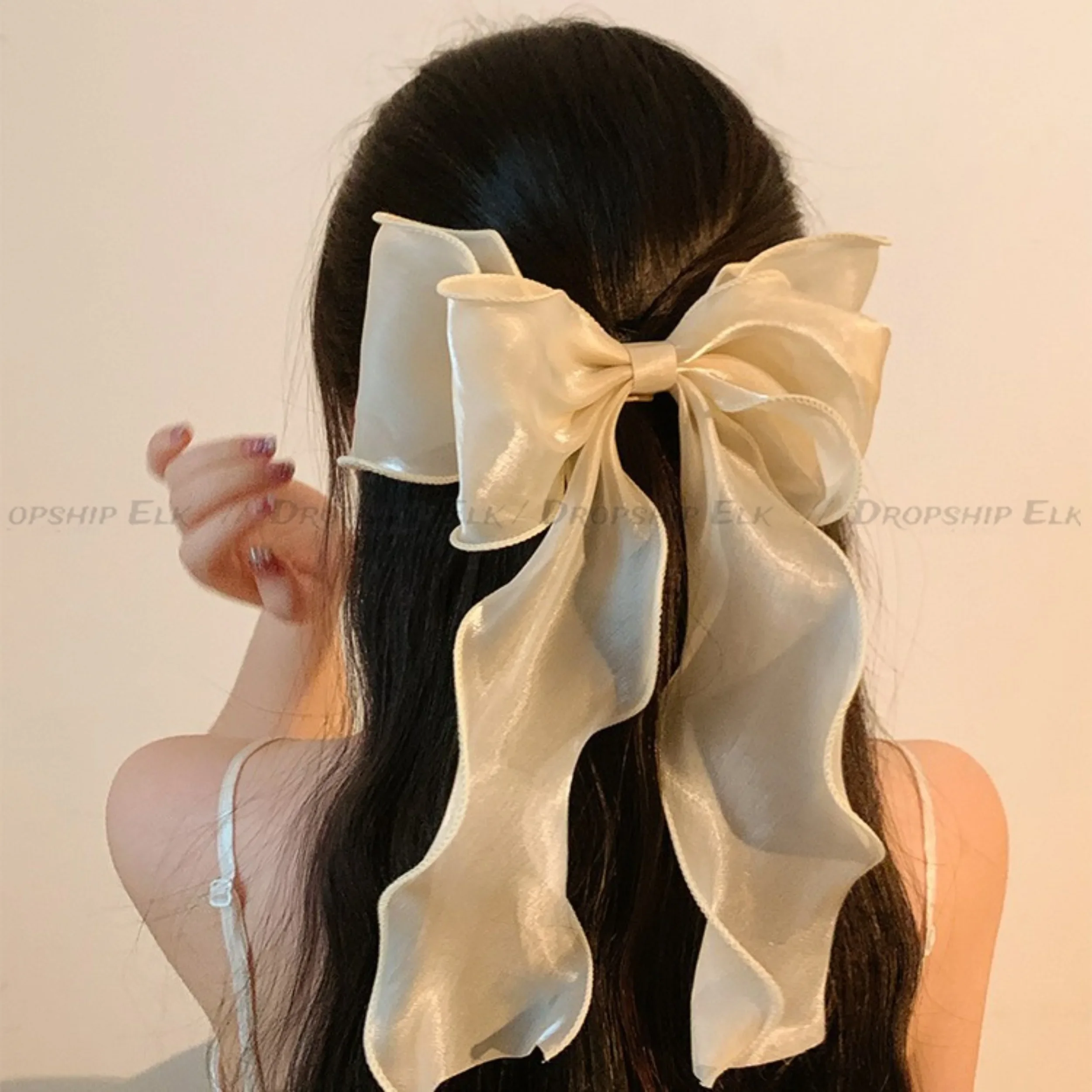 Jepit rambut simpul kupu-kupu besar wanita, aksesori rambut Korea elegan banyak lapis pita kupu-kupu besar