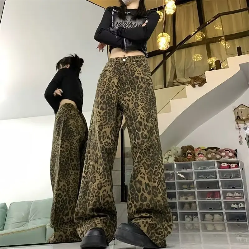 Leopard Print Women's Jeans, Loose Wide-leg Jeans, Mini Casual Pants, Fashionable Streetwear, Popular Hip-hop Clothing