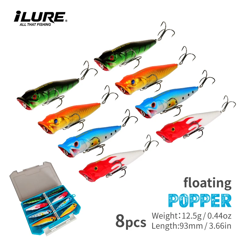 ILURE 8Pcs Fishing Lure Popper 12.5g93mm 3D Eyes Artificial Hard Bait Wobblers Floating Crankbait Sea Fishing Trout Bass Tackle